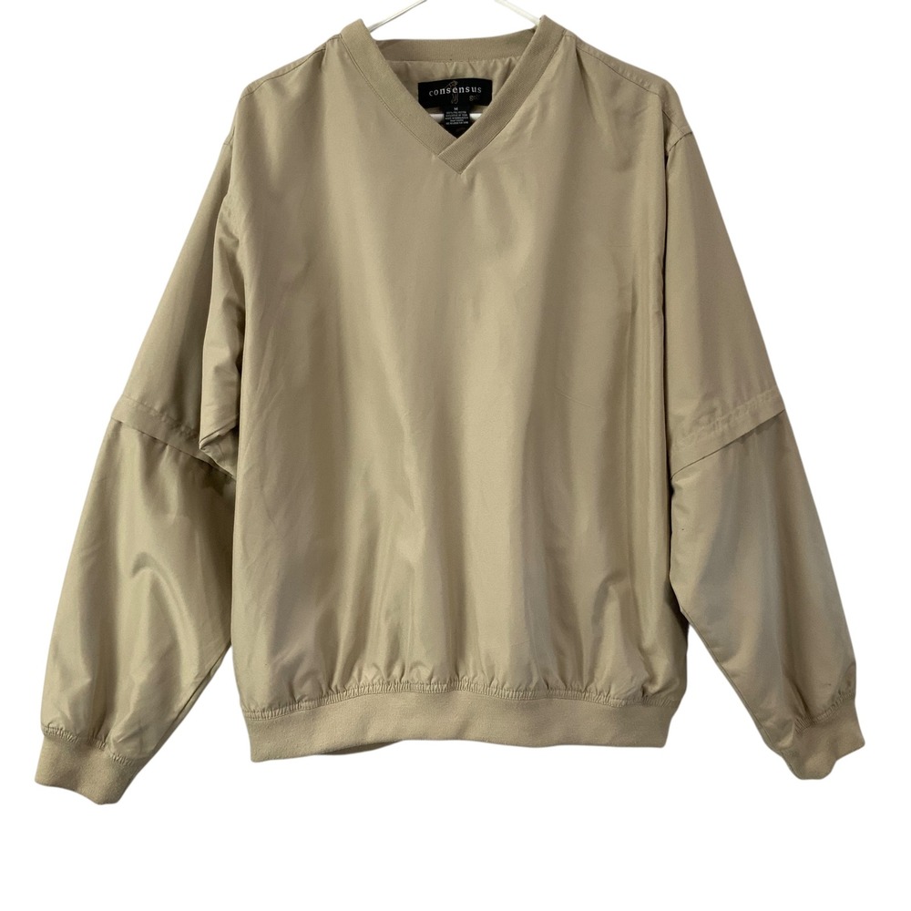Consensus Golf Mens Pullover Windbreaker Tan V-Neck Long Sleeve Size M